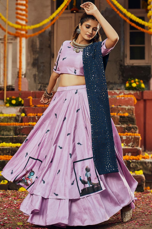 Lavender Pink Silk Printed Lehenga