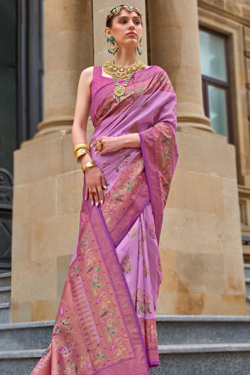 Lavender Pink Silk Printed Paithani Saree