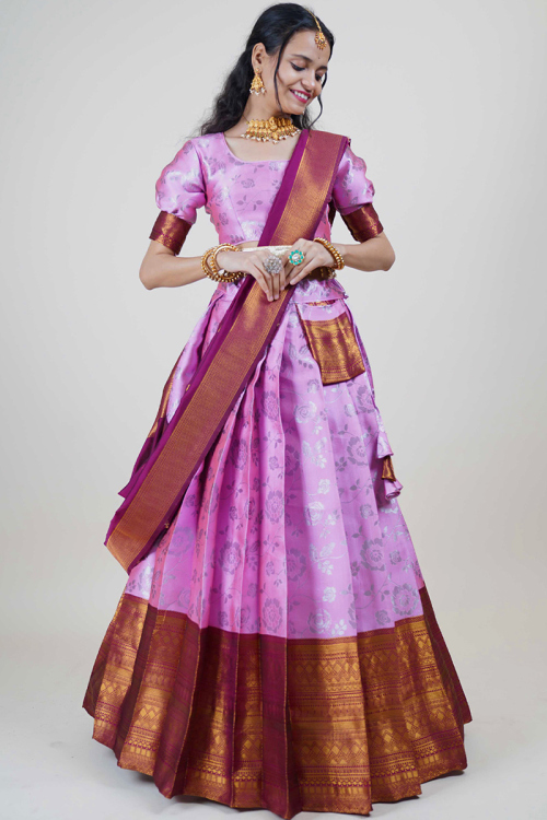 Lavender Pink Silk Woven Zari Flared Lehenga