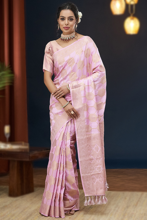 Lavender Pink Silk Woven Zari Handloom Saree