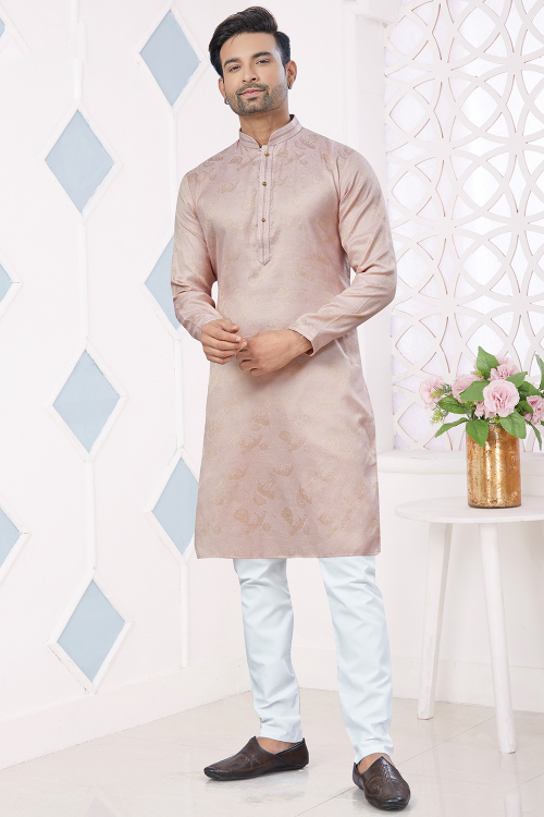Lavender Pink Silk Woven Zari Men Kurta Pajama