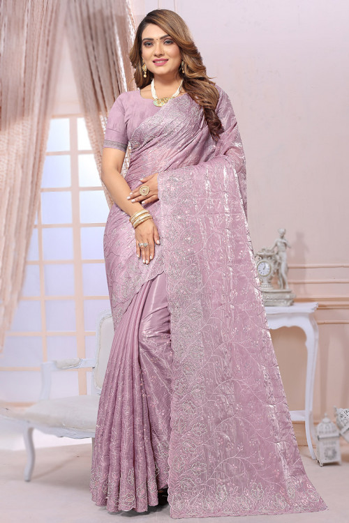 Lavender Pink Tissue Embroidered Party Wear Shimmer Saree 