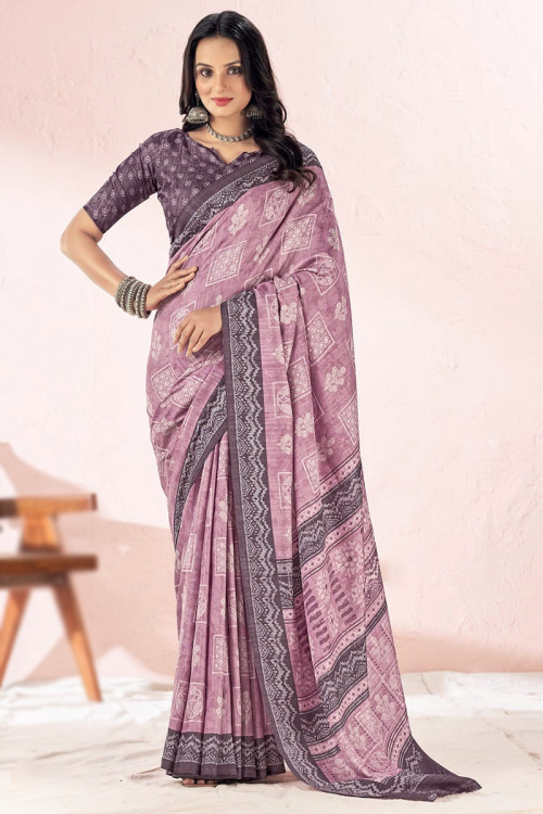 Lavender Pink Tussar Silk Printed Casual Wear Saree 