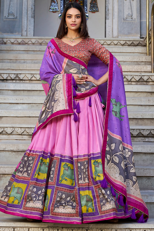 Lavender Pink Tussar Silk Printed Flared Style Lehenga