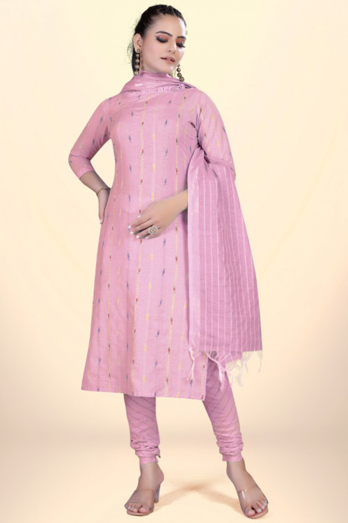 Lavender Pink Weaved Cotton Casual Wear Churidar Suit 