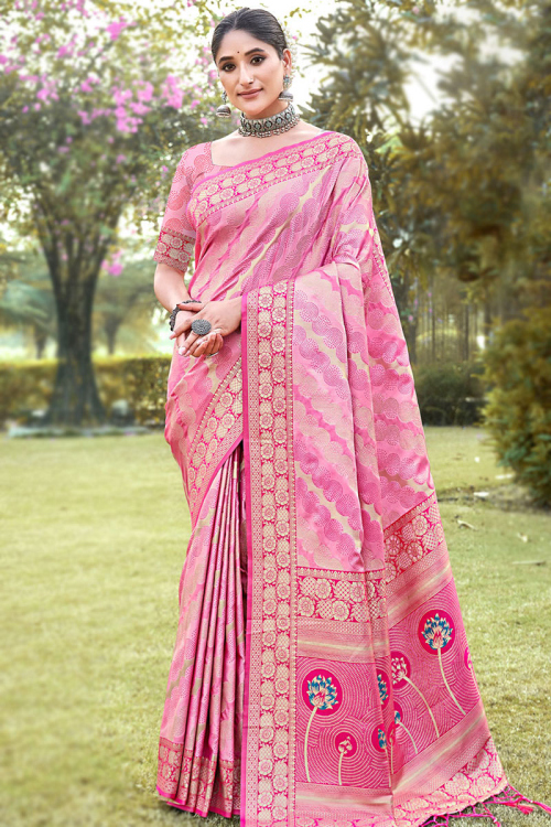 Lavender Pink Weaved Traditional Silk Saree