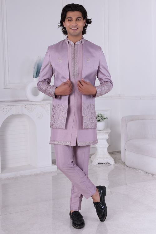 Lavender Purple Art Silk Jodhpuri Men's Sherwani With Embroidered Jacket
