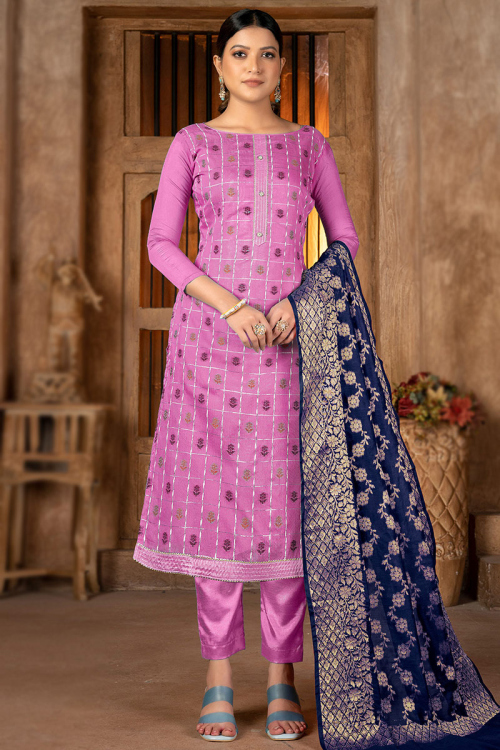 Lavender Purple Banarasi Silk Straight Cut Trouser Suit