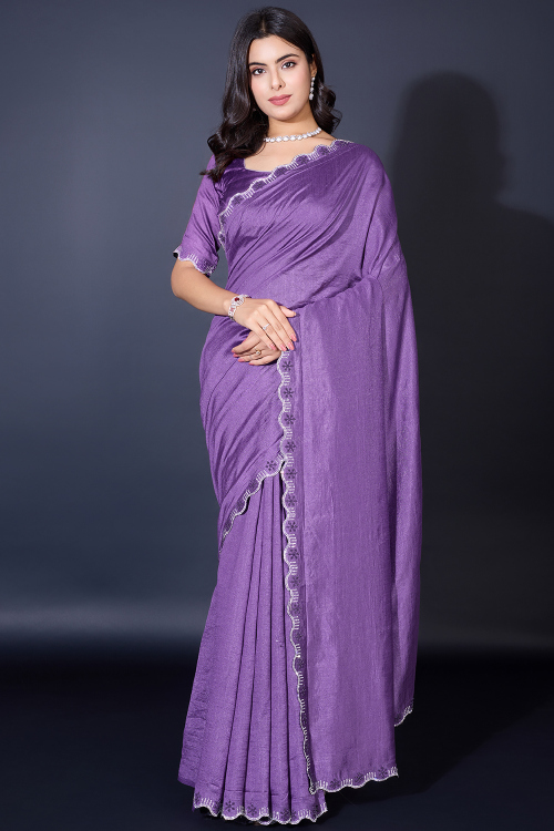 Lavender Purple Chanderi Silk Saree with Stone Work for Diwali Wear