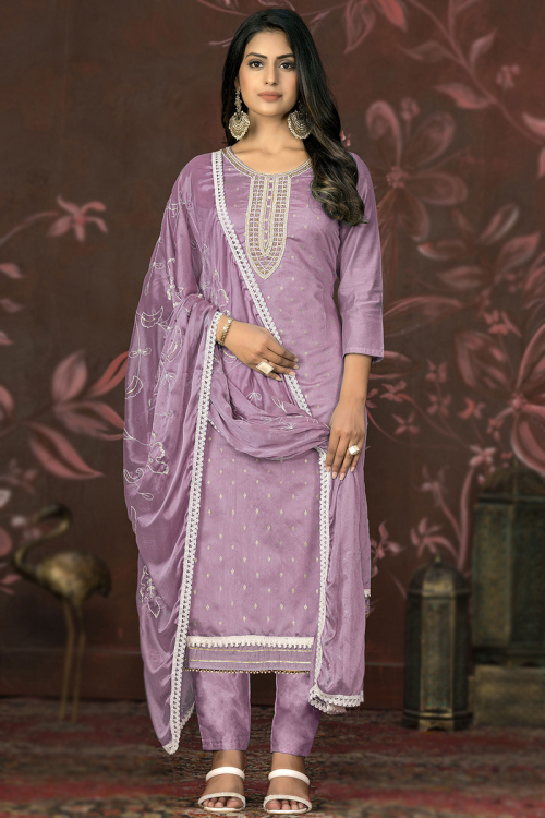 Mauve Chanderi Silk Weaved Zari Trouser Suit 