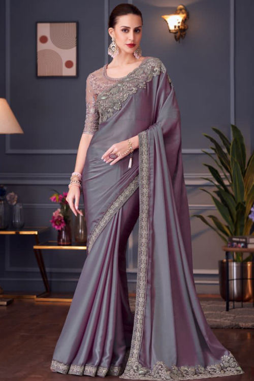 Mauve Taupe Chiffon Embroidered Light Weight Saree
