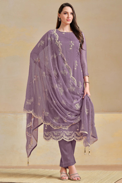 Lavender Purple Chiffon Resham Thread Straight Cut Trouser Suit