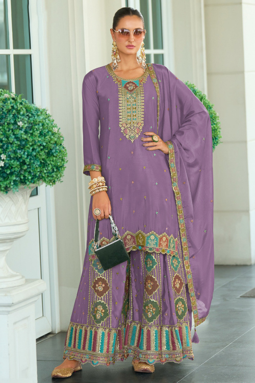 Lavender Purple Chinnon Dori Straight Cut Sharara Suit