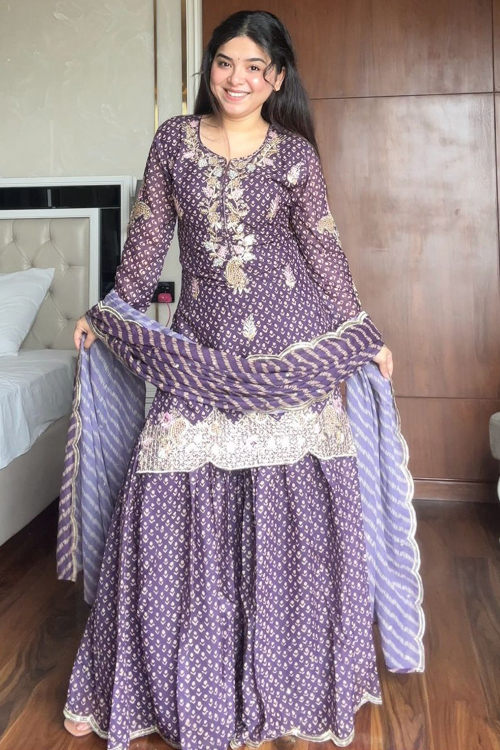 Lavender Purple Chinnon Gharara Suit With Printed Work For Festival 