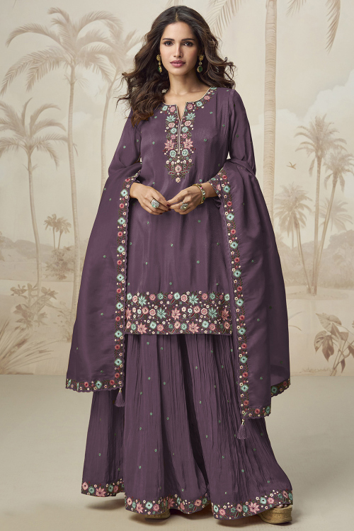 Lavender Purple Chinnon Sharara Suit With Resham Thread Work 