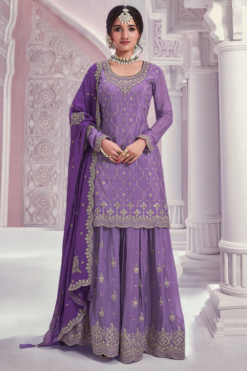 Lavender Purple Chinnon Straight Cut Sharara Suit With Zari Work 