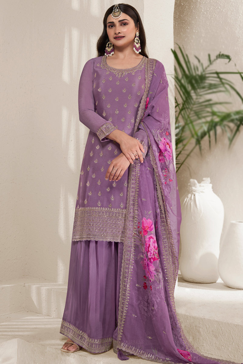 Lavender Purple Chinnon Zari Embroidered Palazzo Suit for Wedding & Party