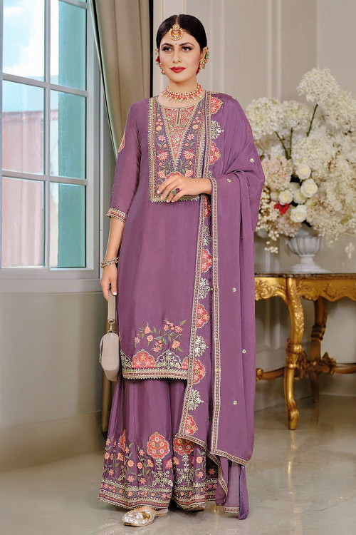 Lavender Purple Chinnon Zari Embroidered Palazzo Suit