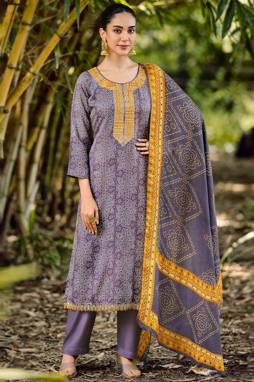 Lavender Purple Cotton Bandhej Print Straight Cut Trouser Suit 