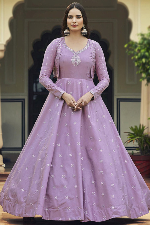 Lavender Purple Cotton Embroidered Anarkali with Jacket