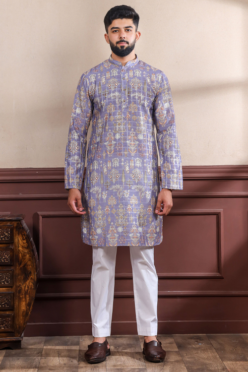 Lavender Purple Cotton Men's Kurta Pajama With Printed Work