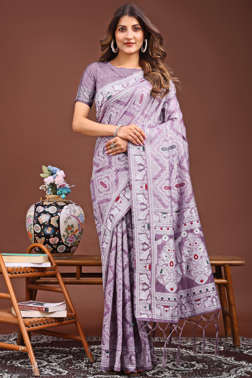 Lavender Purple Cotton Saree With Weaved Thread Work For Diwali