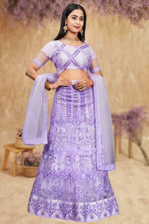 Lavender Purple Embroidered Net Panelled Style Lehenga