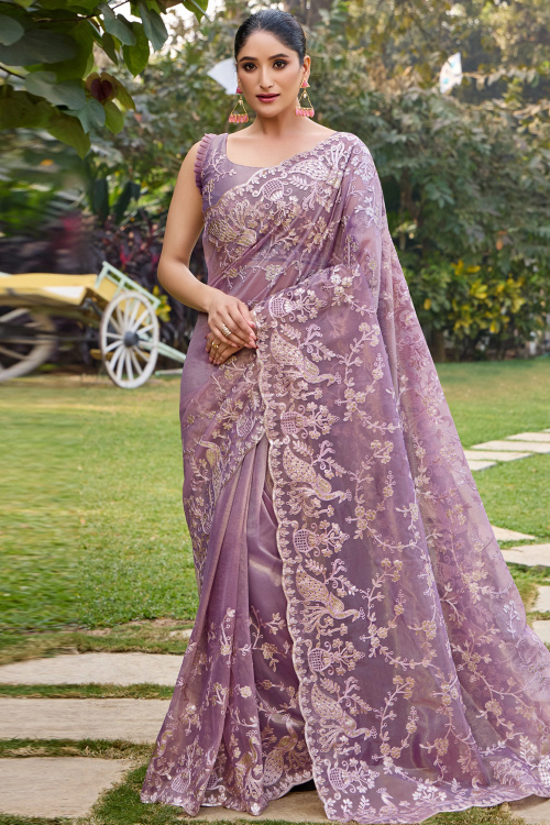 Lavender Purple Embroidered Shimmer Organza Saree 
