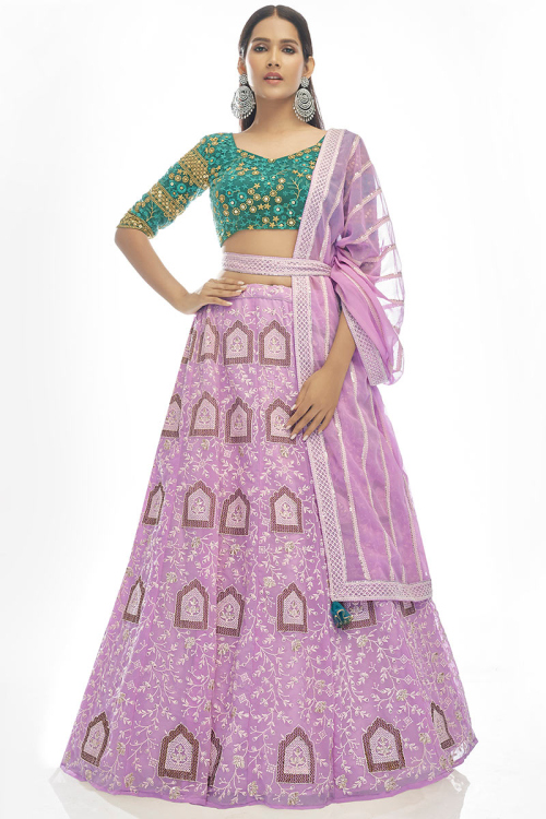 Georgette Lehenga with Zari Work in Lavender Purple for Sangeet