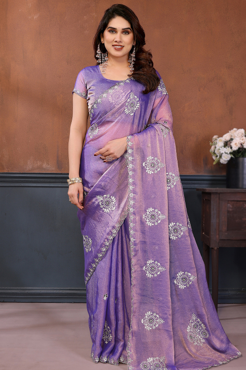 Lavender Purple Georgette Saree with Dori Work For Festival