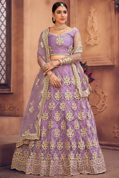 Net Light Purple Stone Embroidered Lehenga for Sangeet