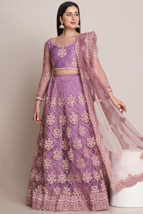 Sangeet Resham Embroidered Mauve Lehenga in Net