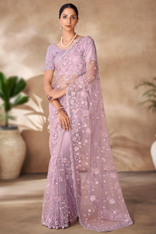 Lavender Purple Net Saree with Round Neck Stone Work Blouse