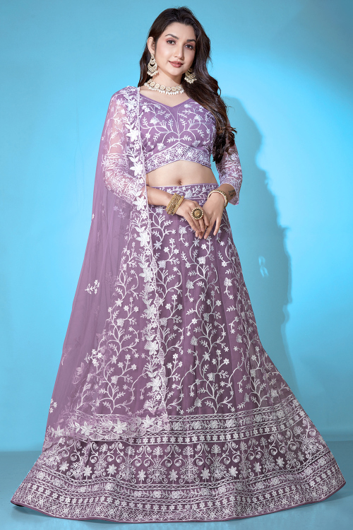 Lavender Purple Net Lehenga with Resham Thread Work