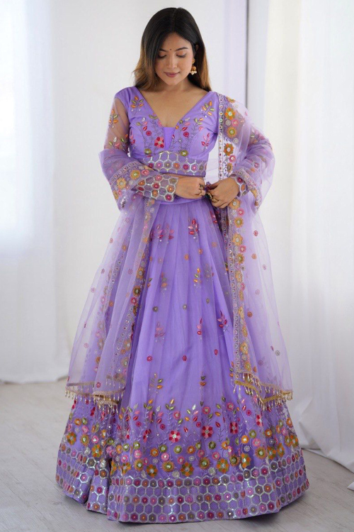 Lavender Purple Net Lehenga With Zari Work For Festival