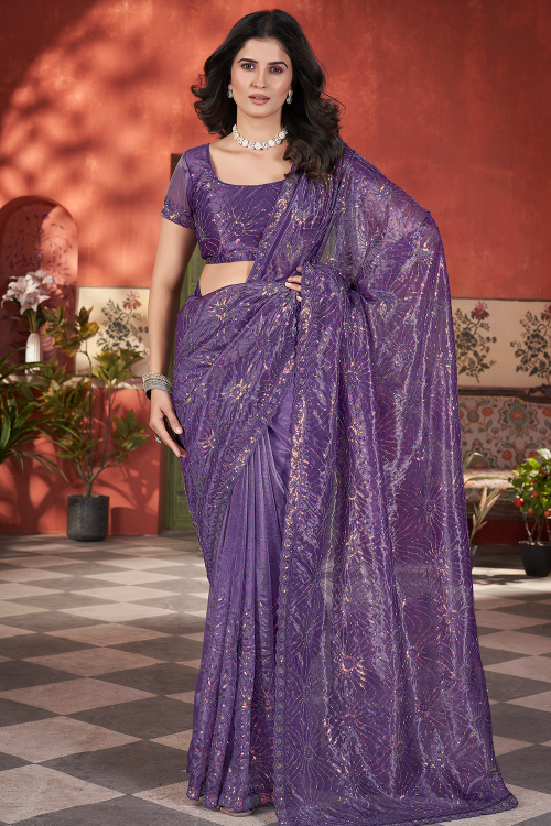 Lavender Purple Net Saree With Sequins Work For Diwali