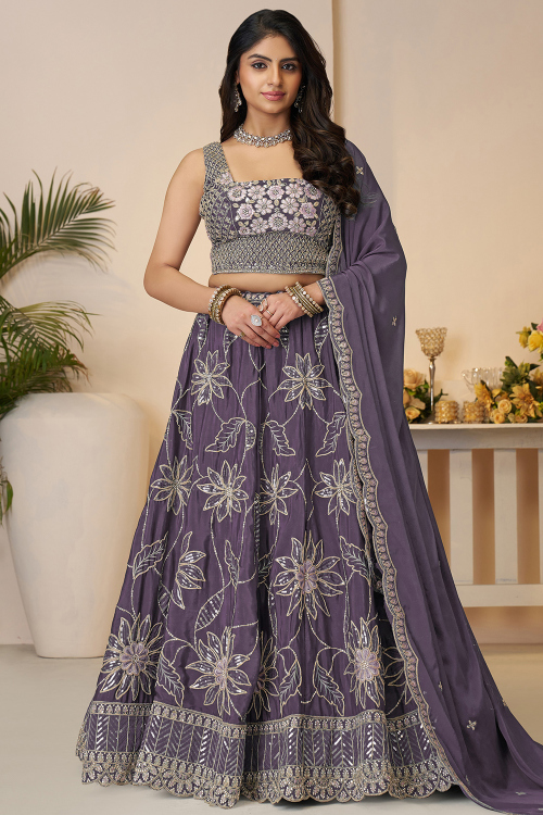 Lavender Purple Satin Embroidered Panelled Style Lehenga