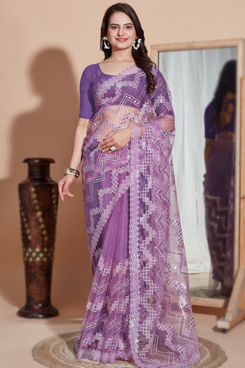 Lavender Purple Sequins Embroidered Net Light Weight Saree