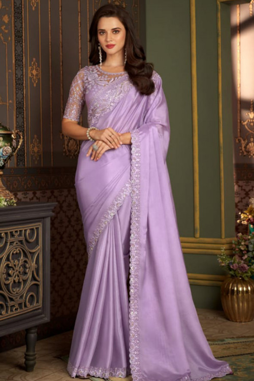 Lavender Purple Sequins Embroidered Wedding Wear Silk Saree