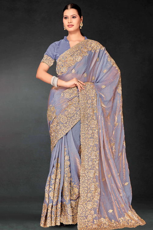 Lavender Purple Shimmer Organza Saree With Zari Work