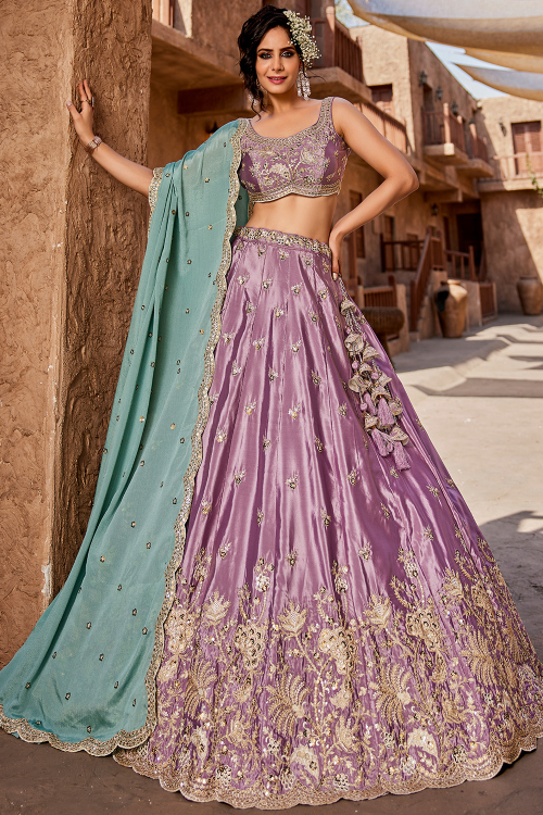 Lavender Purple Silk Blend Embroidered Lehenga 