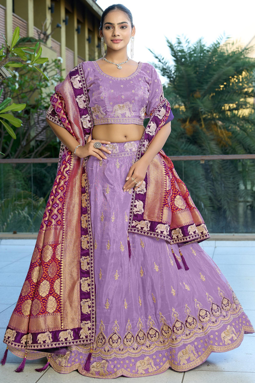 Lavender Purple Silk Blend Embroidered Panelled Style Lehenga