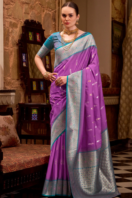 Lavender Purple Silk Blend Saree With Woven Zari Work