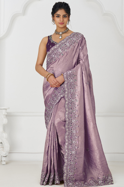 Lavender Purple Silk Blend Weaved Heavy Saree 