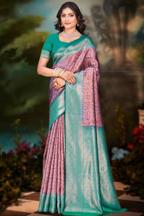 Light Mauve Silk Broad Border Paisley Print Saree 