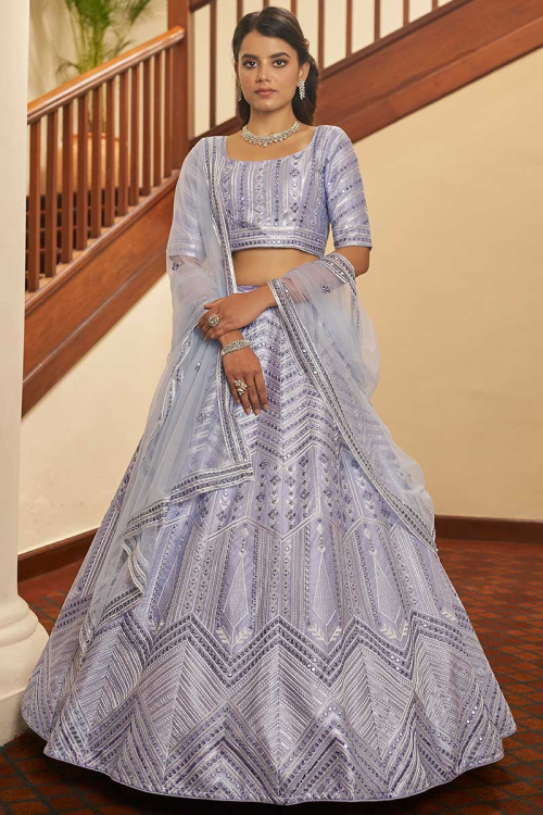 Lavender Purple Silk Embroidered Lehenga