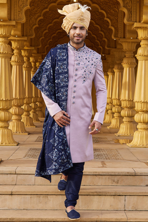 Lavender Purple Silk Embroidered Men's Sherwani