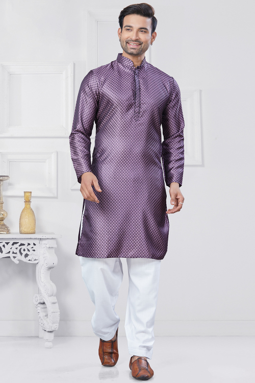 Lavender Purple Silk Handloom Straight Cut Men's Kurta With Salwar 