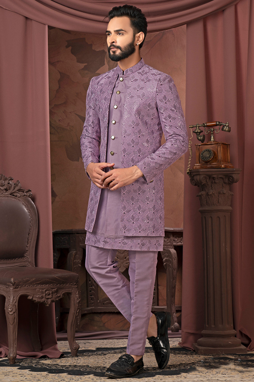 Lavender Purple Silk Ready to Wear Men’s Kurta Pajama With Embroidered Jacket