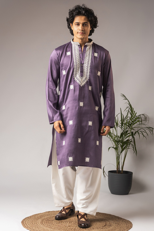 Lavender Purple Soft Silk Men's Kurta Pajama With Sequins Work 